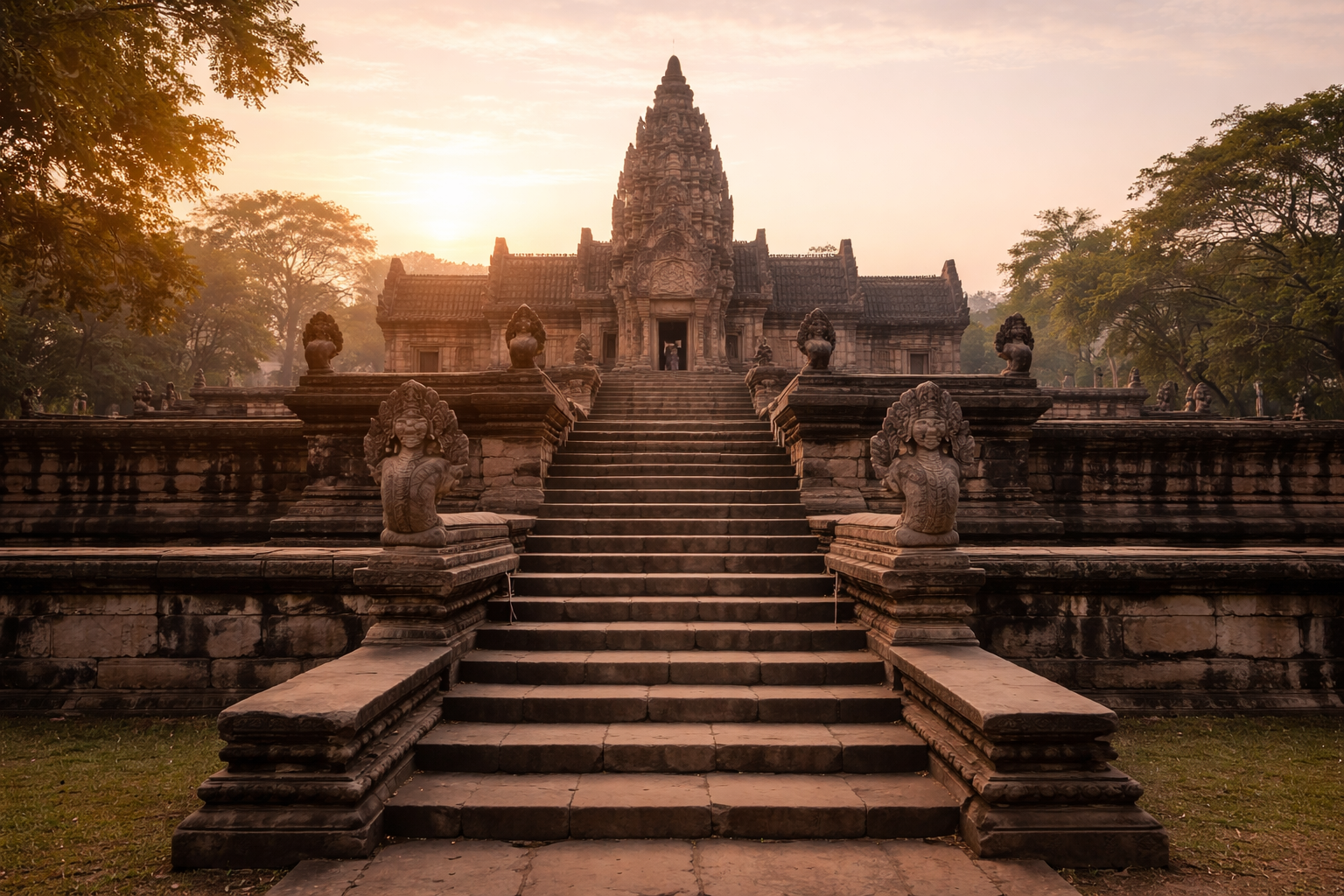 Khmer‑style stone temple staircase sunrise
